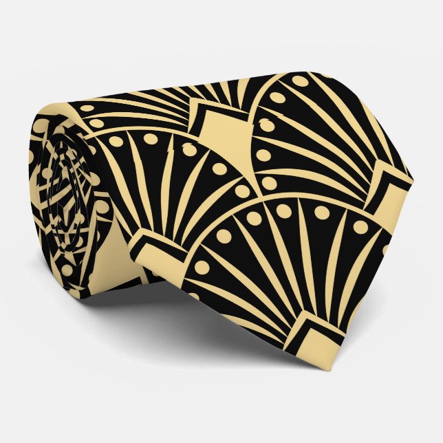 Gold Vintag Art Deco Muster auf Dunkelgrau Krawatte (Gerollt)