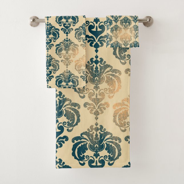 Gold & Vintag Blau Rustikale Moderne Glam Damask Badhandtuch Set (Insitu)