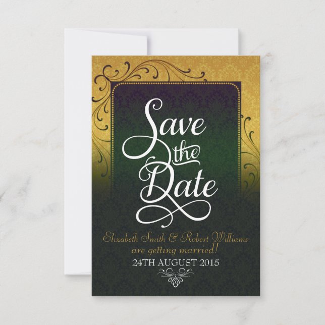 Gold Vintag Damask Elegante Save the Date Einladung (Vorderseite)