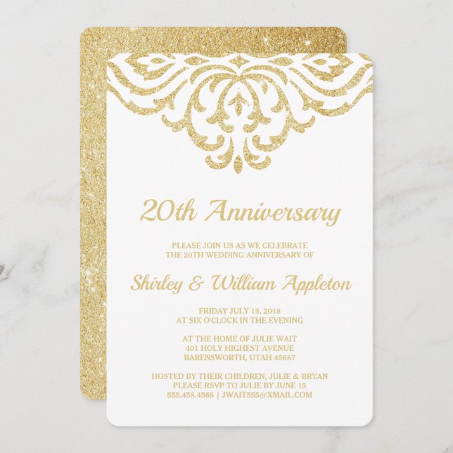 Gold Vintag Glam Elegant 20. Hochzeitstag Einladung (Vorne/Hinten)