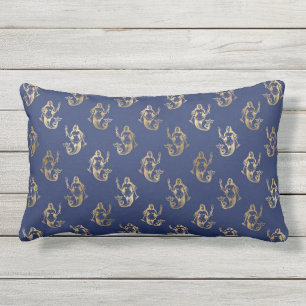 Gold Vintag Mermaid Pattern Navy Blue Outdoor Kissen Für Draußen