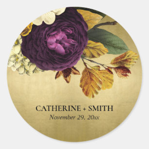 GOLD VINTAG RETRO BURGUNDY FALL FLORAL WEDD RUNDER AUFKLEBER