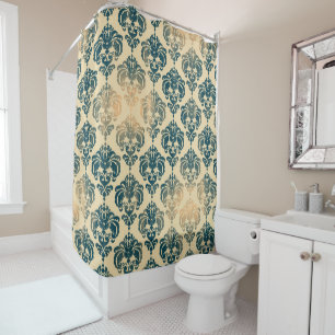 Gold & Vintage Blau Rustikal Moderner Glam Damast Duschvorhang