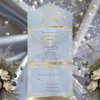 Gold Vintage Border Quinceanera - Pastellblau All In One Einladung