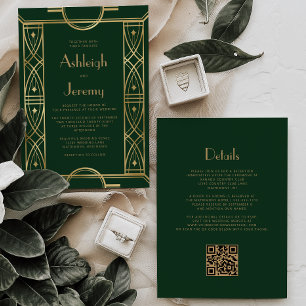 Gold Vintage Deco Rahmen Dunkelgrün QR Code Hochze Einladung