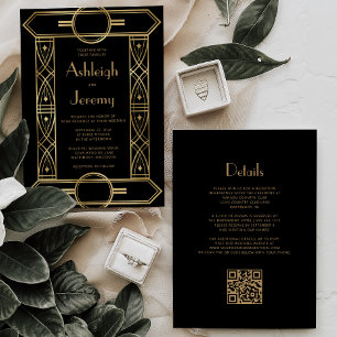 Gold Vintage Deco Rahmen Hochzeit mit schwarzem QR Einladung