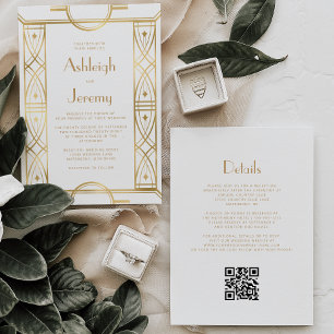 Gold Vintage Deco Rahmen Weiß QR Code Hochzeit Einladung