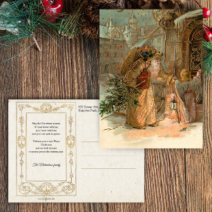 Gold Vintage Father Christmas and Angel Postkarte