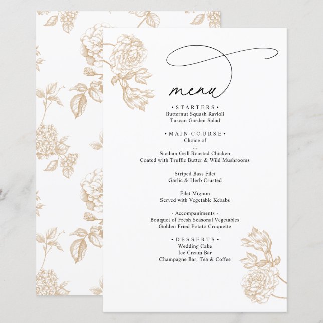Gold Vintage Floral Modern Script Wedding Menu (Vorne/Hinten)