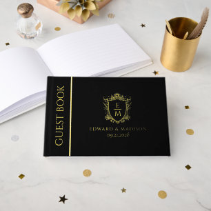 Gold Vintage Wedding Wappen Monogramme auf Schwarz Gästebuch