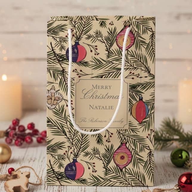 Gold Vintage Weihnachtsschmuck Pine Berries Kleine Geschenktüte (Festive Merry Christmas Vintage Christmas Ornaments Gold Gift Bags. Elegant Red & Gold Ornament Bags)