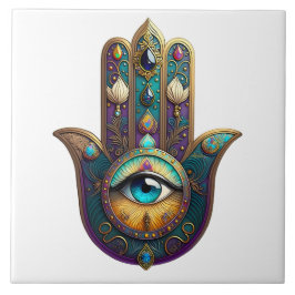 Gold Violet Teal Hamsa w/ Turquoise Third Eye Fliese