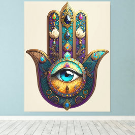 Gold Violet Teal Hamsa w/ Turquoise Third Eye Leinwanddruck