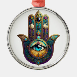 Gold Violet Teal Hamsa w/ Turquoise Third Eye Ornament Aus Metall