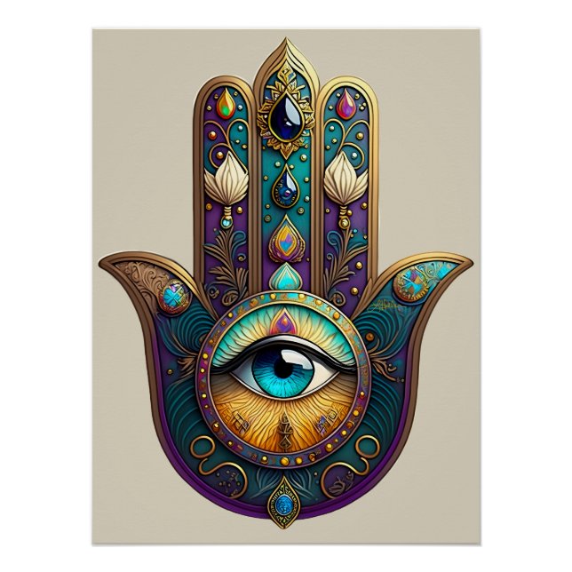 Gold Violet Teal Hamsa w/ Turquoise Third Eye Poster (Vorderseite)