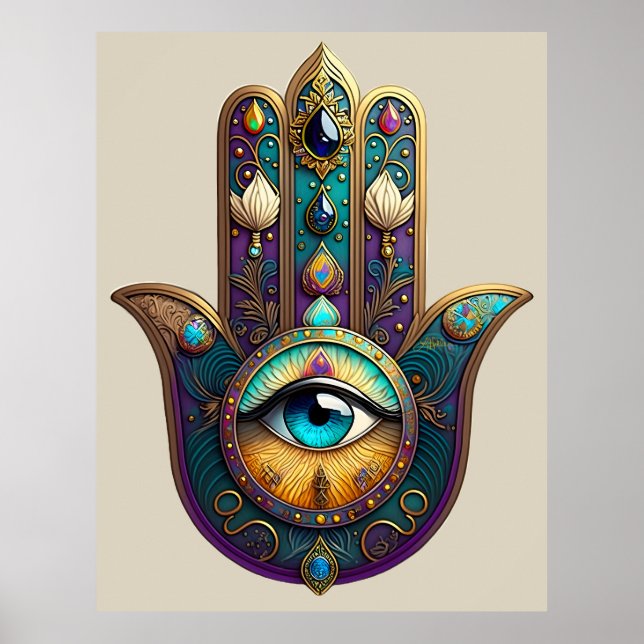 Gold Violet Teal Hamsa w/ Turquoise Third Eye Poster (Vorne)
