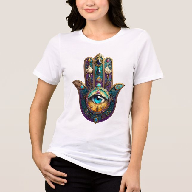Gold Violet Teal Hamsa w/ Turquoise Third Eye Tri-Blend Shirt (Vorderseite)