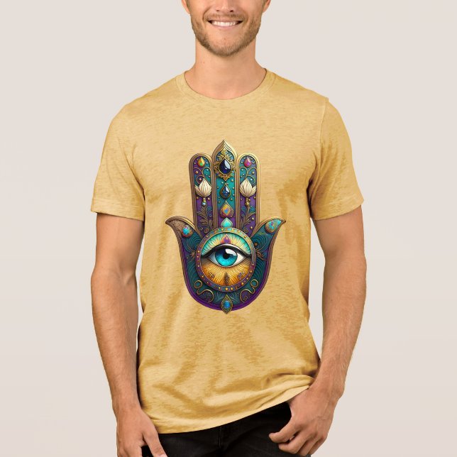 Gold Violet Teal Hamsa w/ Turquoise Third Eye Tri-Blend Shirt (Vorderseite)