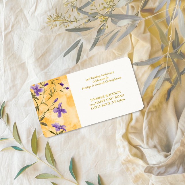 Gold Violets Floral 50. Hochzeitstag Adressaufkleber (Gold Violets Floral 50th Wedding Anniversary return address label)