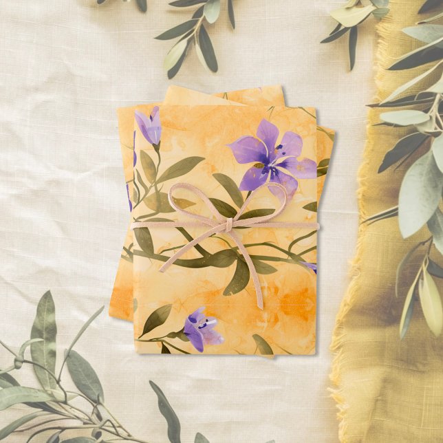 Gold Violets Floral 50. Hochzeitstag Geschenkpapier Set (Gold and Violets 50th Wedding Anniversary Gift Wrapping Paper)