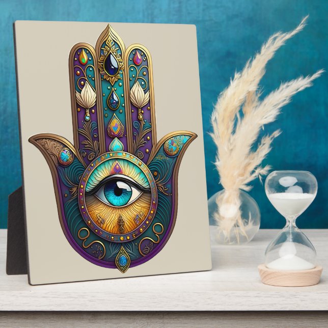 Gold Violett Türkis Hamsa mit Türkis drittem Auge Fotoplatte (Seite)