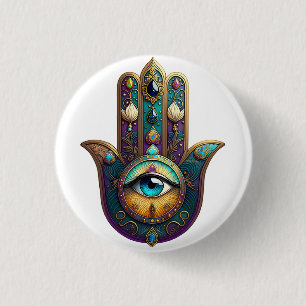 Gold Violett Türkis Hamsa mit Türkis Drittes Auge Button