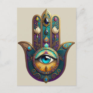 Gold Violett Türkis Hamsa mit Türkis Drittes Auge Postkarte