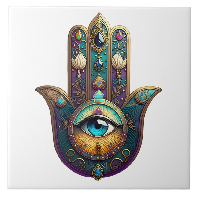 Gold Violett Türkis Hamsa mit Turquoise Third Eye Fliese (Vorderseite)