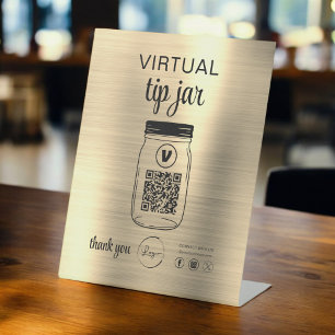 Gold Virtual Tipp Jar QR-Logo Weiß Sockelschild