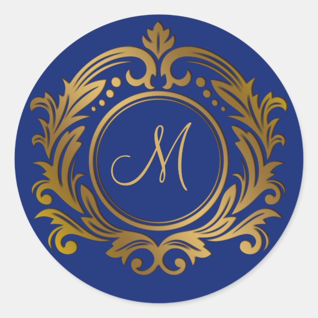 Gold Wappen mit Monogram Initial auf Blue Runder Aufkleber (Vorderseite)