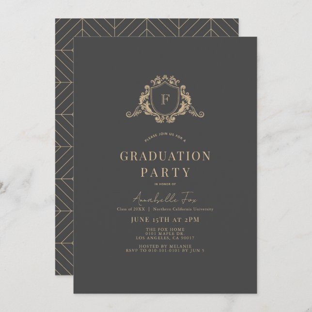 Gold Wappen Monogram Dunkelgrau Abschluss Einladung (Vorne/Hinten)