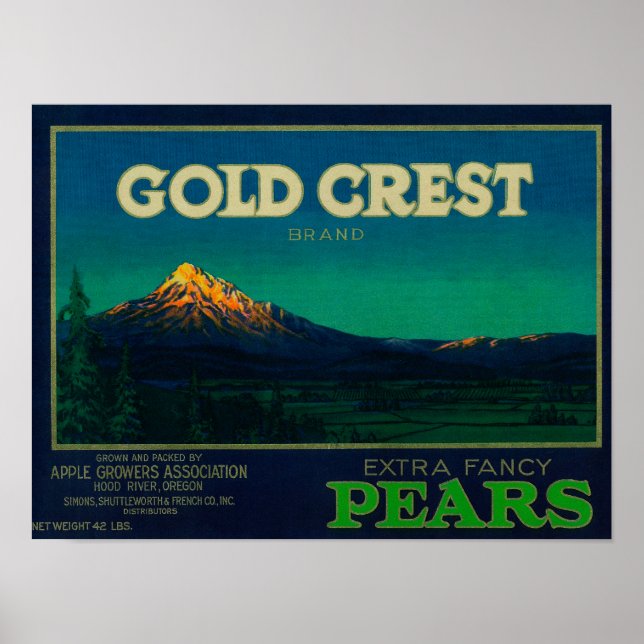 Gold Wappen Pear Crate LabelHood River Poster (Vorne)