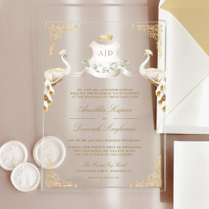 Gold Wappen Royal Indian White Peacock Wedding Acryleinladungen