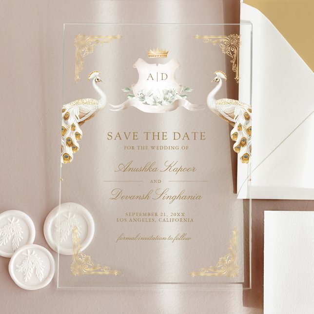 Gold Wappen White Peacock Wedding Save the Date Acryleinladungen (Von Creator hochgeladen)