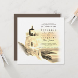 Gold Watercolor Beach Lighthouse Landschaft Hochze Einladung