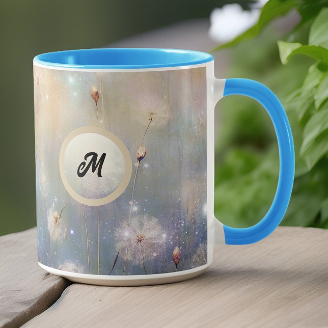 Gold Watercolor Look Dandelions Initial Monogram Tasse (Von Creator hochgeladen)