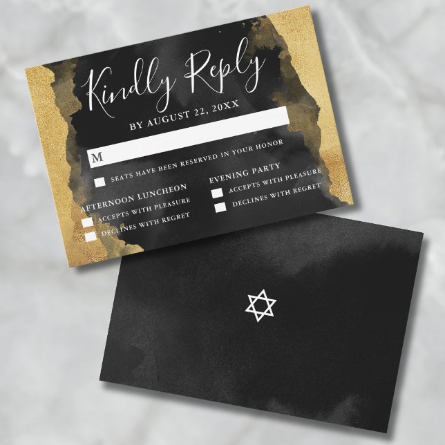 Gold Watercolor Mitzvah UAWG Replik Card RSVP Karte (Gold Watercolor Bar Bat Mitzvah Reply RSVP Card)