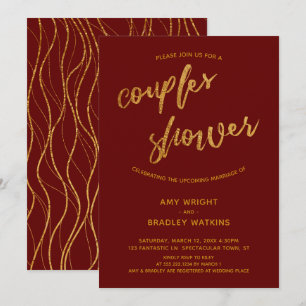 Gold Waves Handwriting Burgundy Red Couples Dusche Einladung