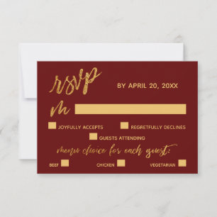 Gold Waves Handwriting Burgundy Red Dinner Optione RSVP Karte