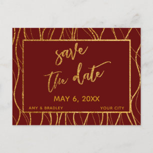 Gold Waves Handwriting Burgundy Red Save the Date Ankündigungspostkarte