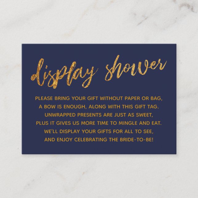 Gold Waves & Handwriting Navy Blue Display Dusche Begleitkarte (Vorderseite)