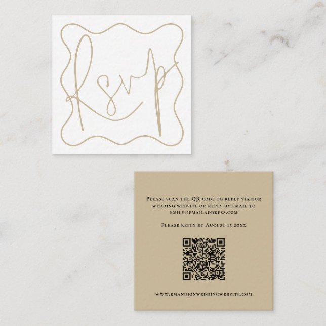 Gold Wavy Line Border Script QR Code Hochzeit RSVP Begleitkarte (Vorne/Hinten)