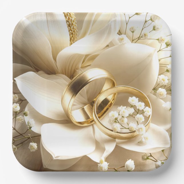 Gold Wedding Bands auf einer Magnolia Blume Pappteller (Vorderseite)