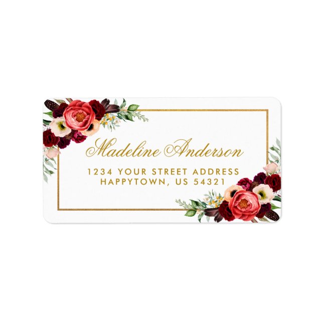 Gold Wedding Burgundy Floral Boho Adresse Adressaufkleber (Vorne)