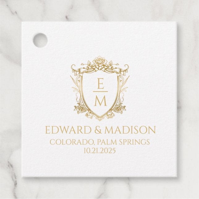 Gold Wedding Initials & Wedding Floral Wappen Geschenkanhänger (Vorderseite)