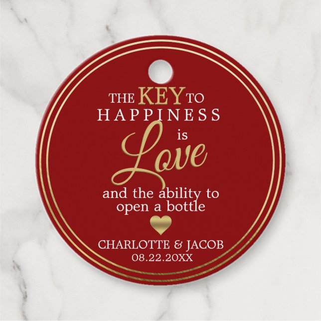 GOLD Wedding Key to Happy ist LIEBE Open Flasche Geschenkanhänger (Vorderseite)