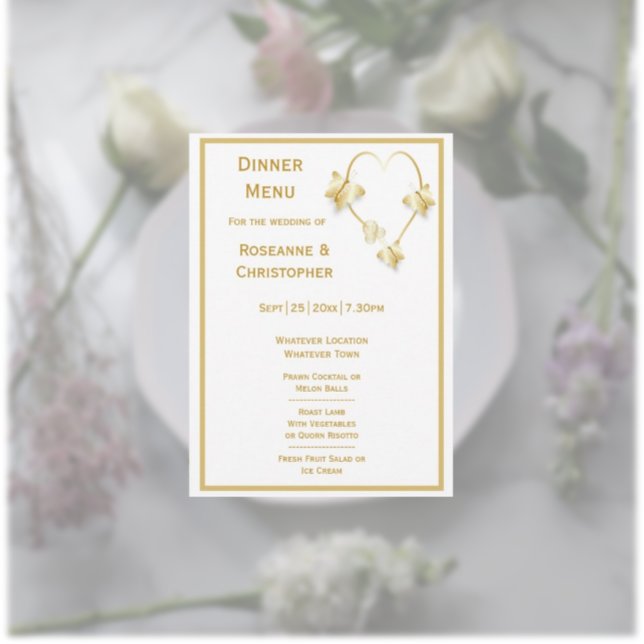 Gold Wedding Menu Butterfets Herzdesign Menükarte (Gold wedding menu butterflies heart design)