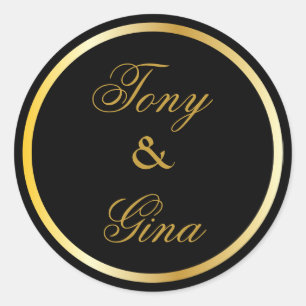 Gold Wedding Names Black Round Stickers