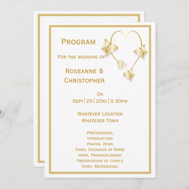 Gold Wedding Program Butterfys Herz Programm (Vorne/Hinten)