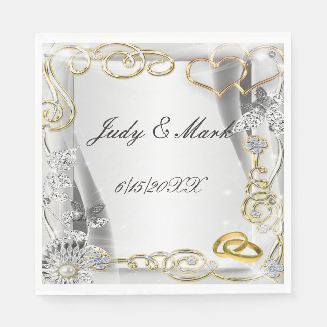 Gold Wedding Rings and Hearts Paper Napkins Serviette (Vorderseite)